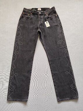 Levi's 501 '90s Women's Jeans Bejeweled Black Studded Rhinestone Straight Leg 29